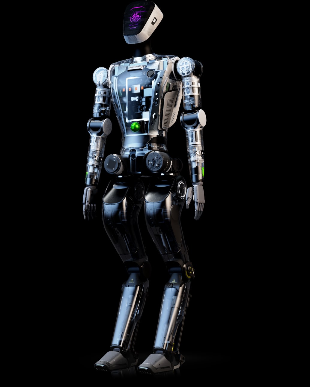 AgiBot Raise A1, full-body cutaway render showing the internal structure and its reverse-jointed knees — official RAISE A1 product page