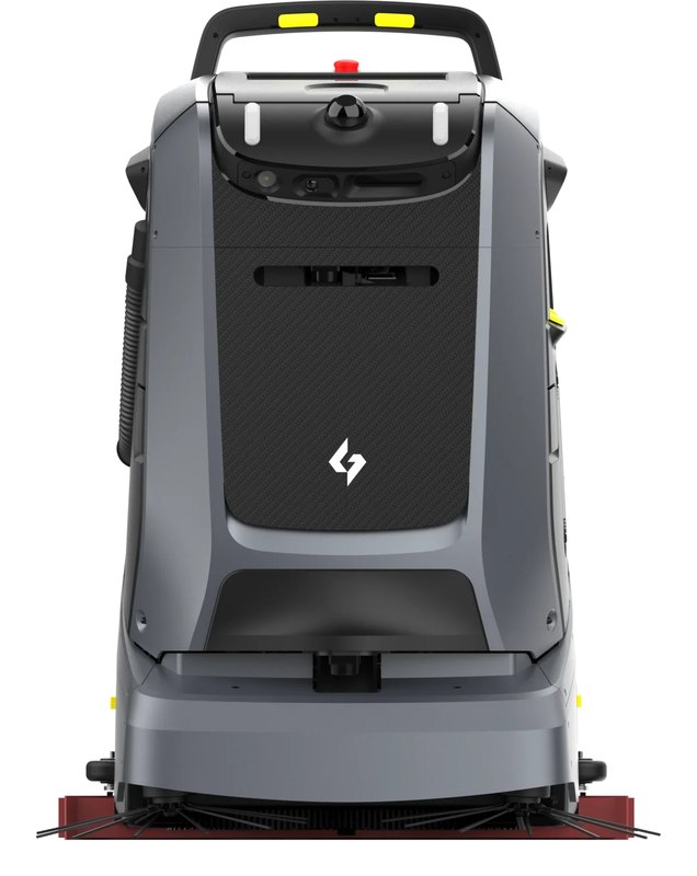 Official Gausium Mira product render on a white background, viewed head-on from the handle side — a grey machine with a black textured centre panel carrying the white Gausium bolt logo, a yellow-accented handle bar, a red emergency-stop button and a sensor dome on top, and a full-width cleaning head with a squeegee strip at the base