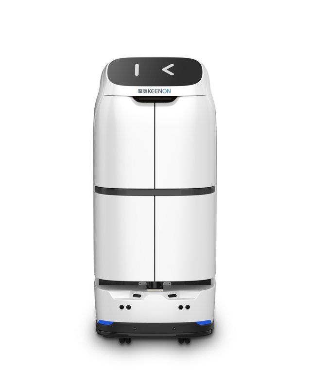 Official KEENON BUTLERBOT W3 product photo in white, shot straight-on against a white background — an enclosed cabinet split into four doors in a 2x2 grid, with the KEENON logo and a black display face on top and a wheeled base with a blue light strip