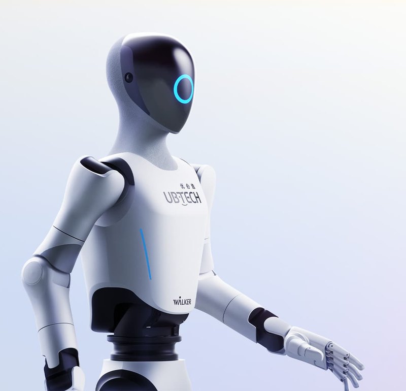 Official UBTech Walker C1 product render, upper body at three-quarter view on a pale blue-lavender gradient — glossy black head with a glowing blue ring, white torso printed UBTECH and WALKER, left arm extended showing a five-fingered hand
